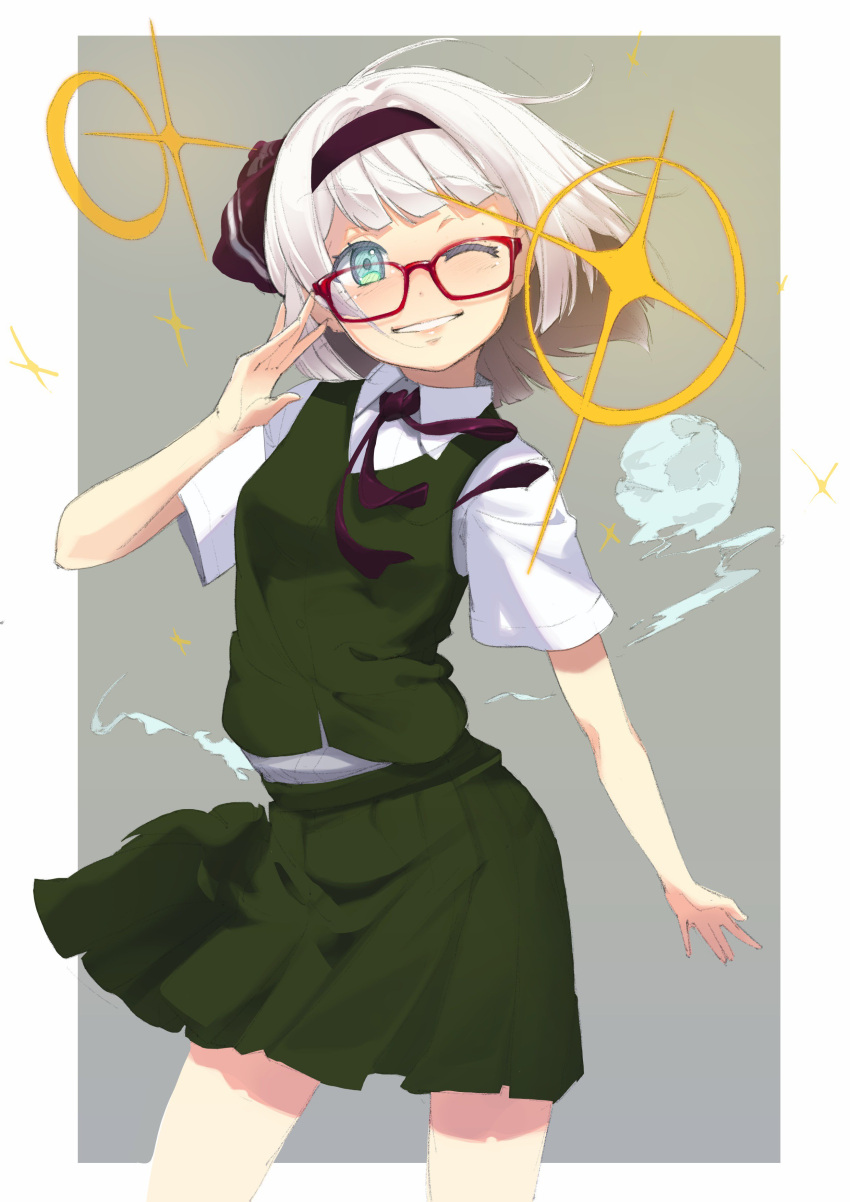 1girl, absurdres, bespectacled, blue_eyes, blush, glasses, grey_background, grin