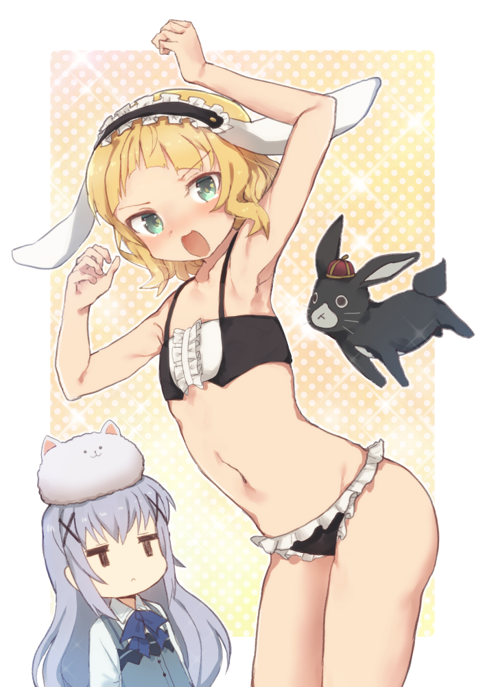 2girls, :<, :3, animal_ears, armpits, arms_up, bikini, black_bikini