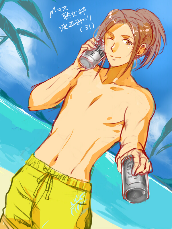 idolmaster, idolmaster_side-m, male_swimwear, ponytail, shirtless, swimwear, tori_(driftwood), watanabe_minori