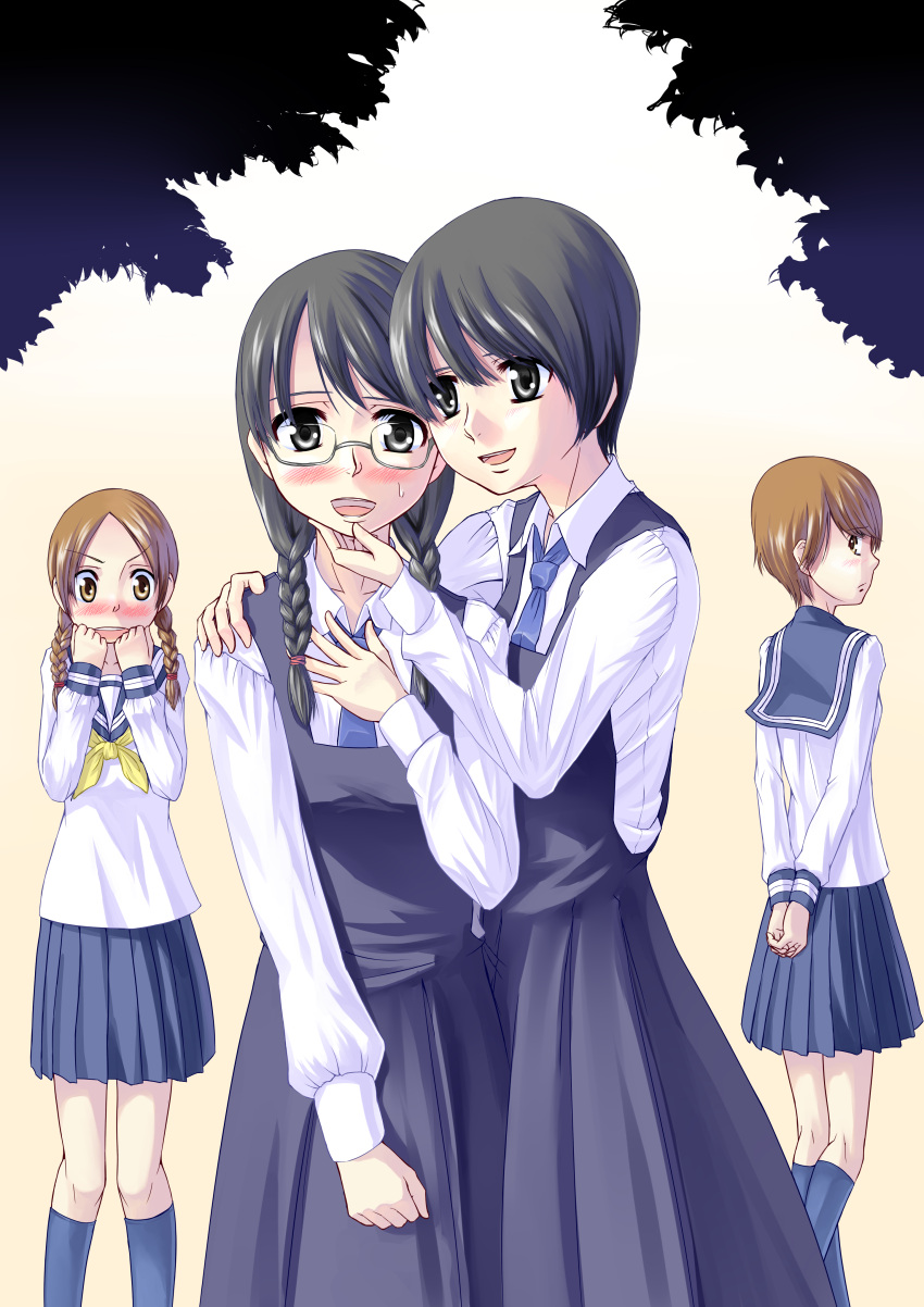 aoi_hana, black_hair, blush, braid, brown_hair, glasses, highres, ikumi_kyouko