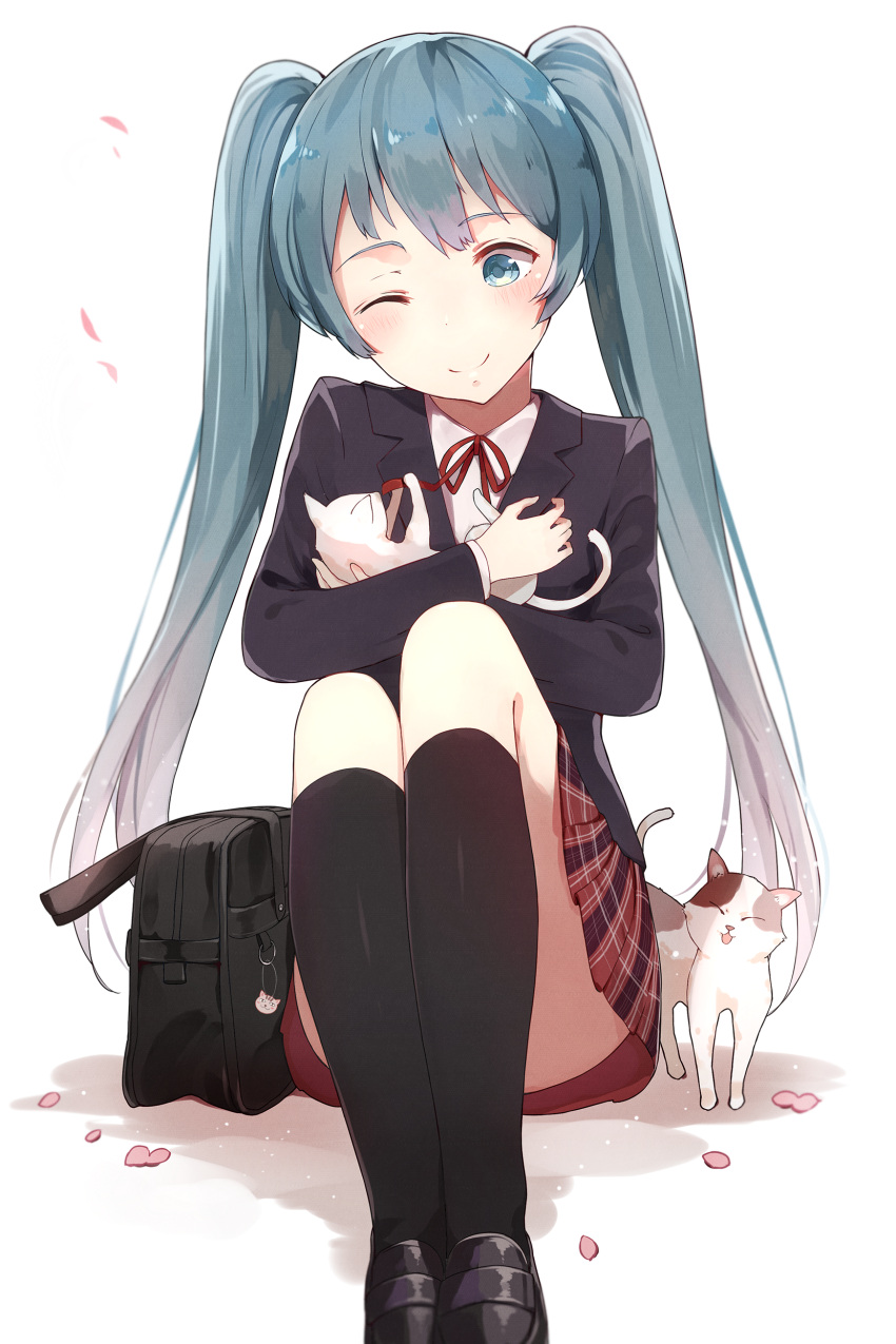 1girl, ;), absurdres, aqua_eyes, aqua_hair, cat, hatsune_miku, highres