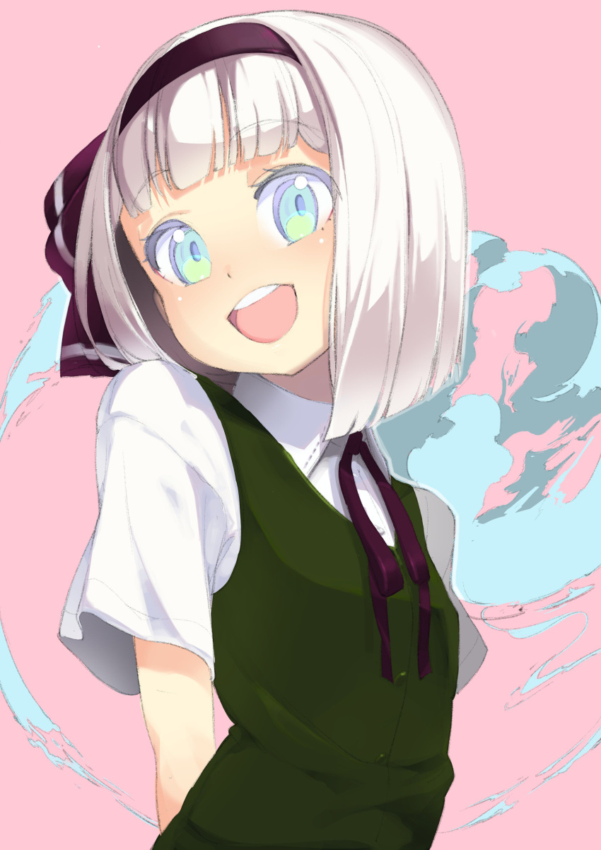 1girl, absurdres, arms_behind_back, blue_eyes, blush, hairband, highres, hitodama