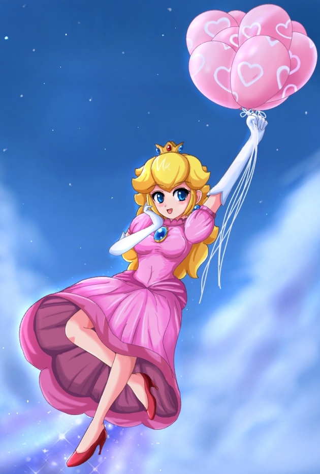 blonde_hair, blue_eyes, blush, clouds, crown, dress, elbow_gloves, floating, flying, gloves, high_heels, legs, long_hair, nintendo, princess_peach, shoes, sigurdhosenfeld, sky, super_mario_bros.
