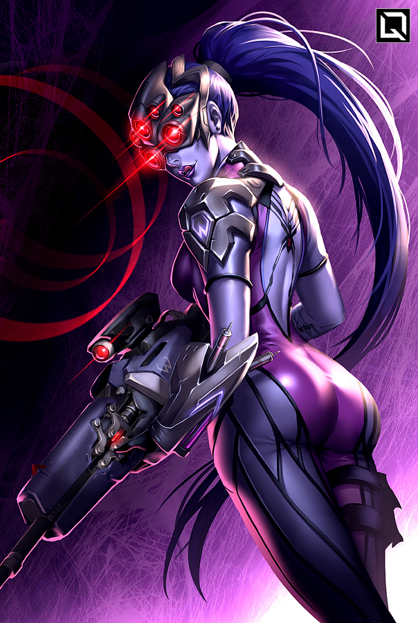1girl, ass, back, black_gloves, black_hair, body_writing, bodysuit, breasts