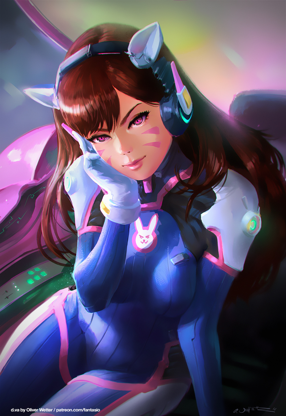 1girl, artist_name, bodysuit, breasts, brown_hair, character_name, cockpit, commentary, cowboy_shot, d.va_(overwatch), eyebrows, eyelashes, facial_mark, gloves, head_rest, headphones, highres, light_smile, lips, lipstick, long_hair, looking_at_viewer, makeup, mecha, nose, oliver_wetter, overwatch, pilot_suit, pink_eyes, pink_lipstick, signature, skin_tight, solo, watermark, web_address, whisker_markings, white_gloves