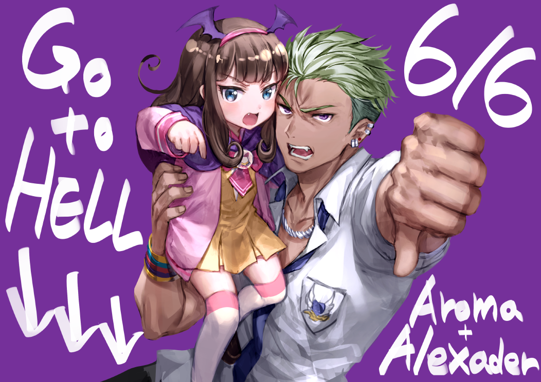 >:o, 1boy, 1girl, :o, bangs, birthday, blue_necktie, blunt_bangs