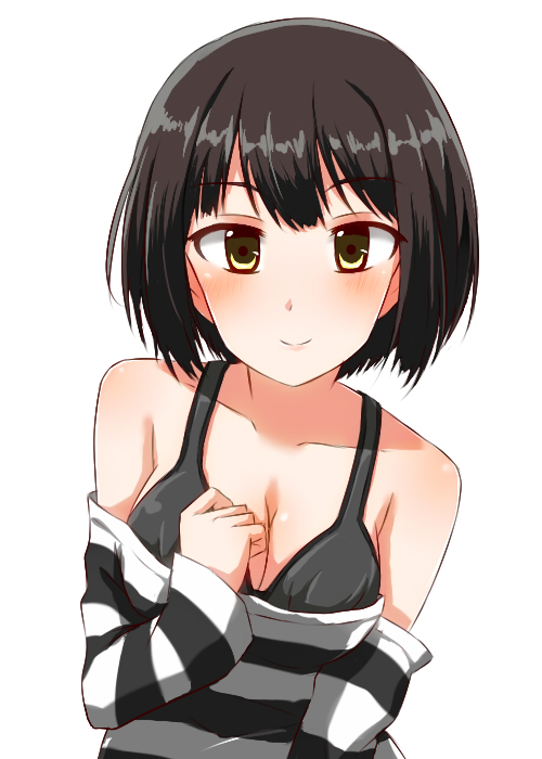 1girl, black_hair, breasts, idolmaster, idolmaster_cinderella_girls, pochita, short_hair, simple_background