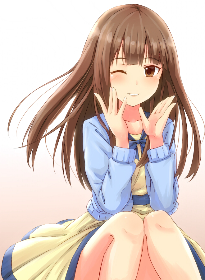 1girl, blush, brown_eyes, brown_hair, idolmaster, idolmaster_cinderella_girls, long_hair, mizumoto_yukari