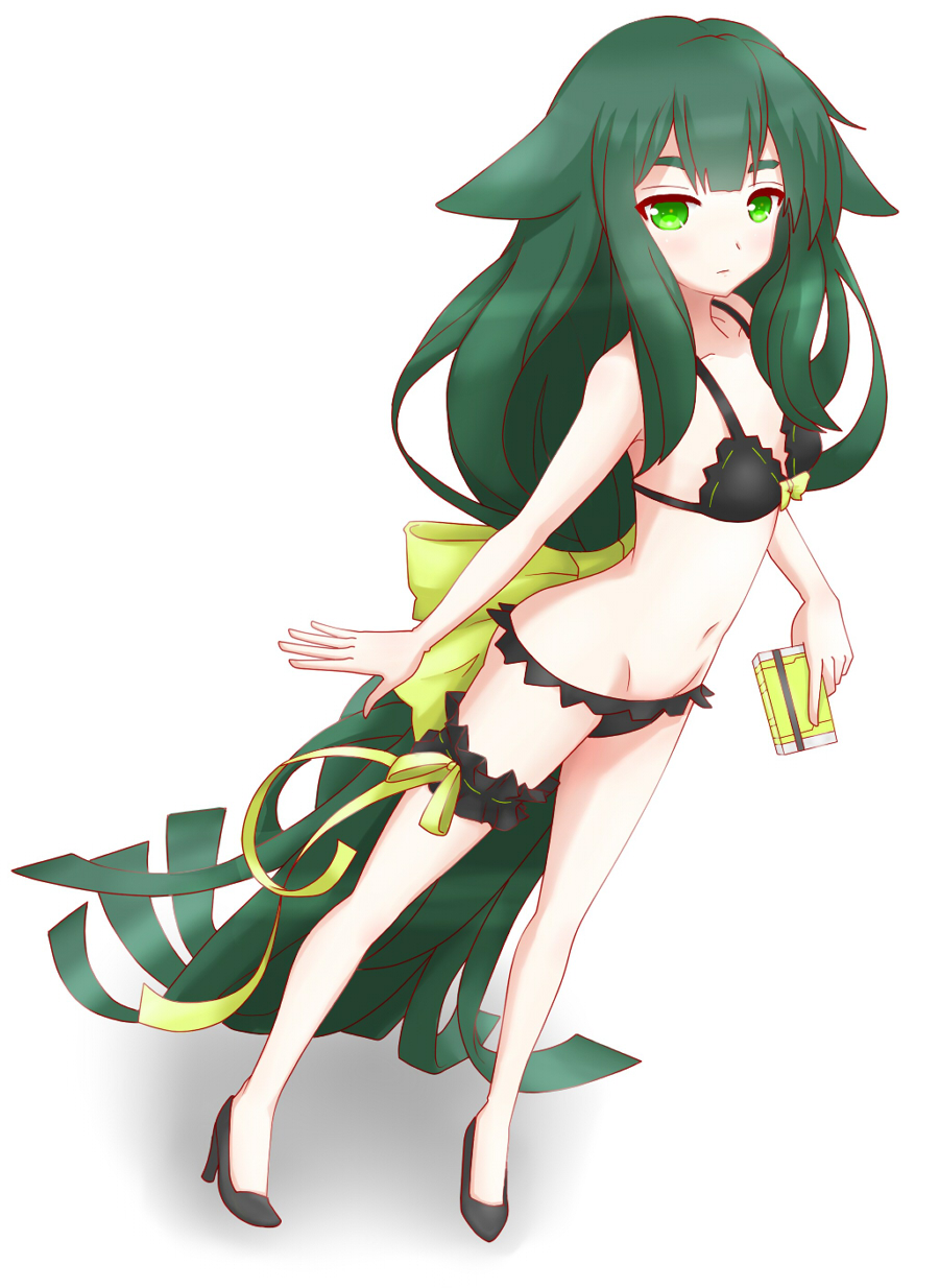 black_bra, black_panties, bra, collarbone, gatchaman_crowds, green_eyes, green_hair, groin