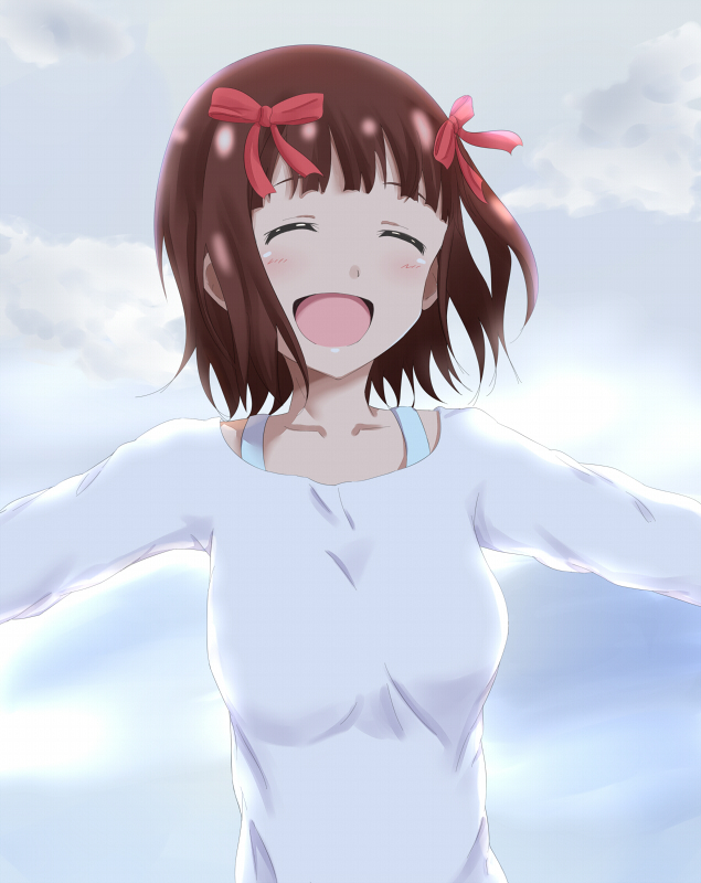 1girl, amami_haruka, brown_hair, closed_eyes, collarbone, hair_ribbon, idolmaster, lieass, open_mouth, red_ribbon, ribbon, shrot_hair, solo