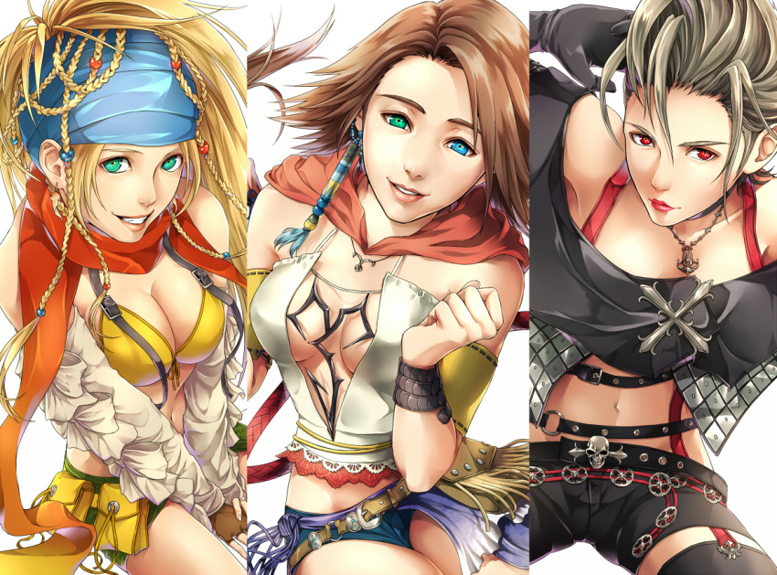 3girls, armband, bandana, beads, belt, belt_pouch, bikini_top, blonde_hair