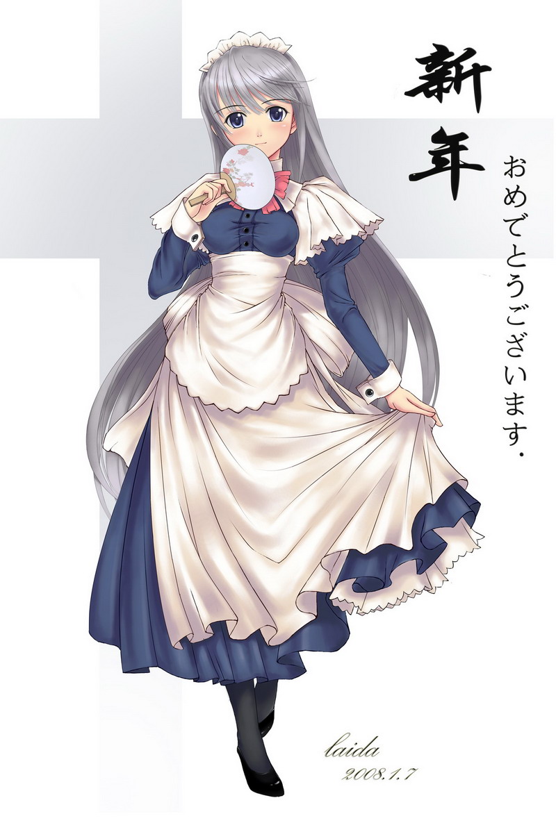 bad_id, blue_eyes, blush, fan, laida, long_hair, maid, original