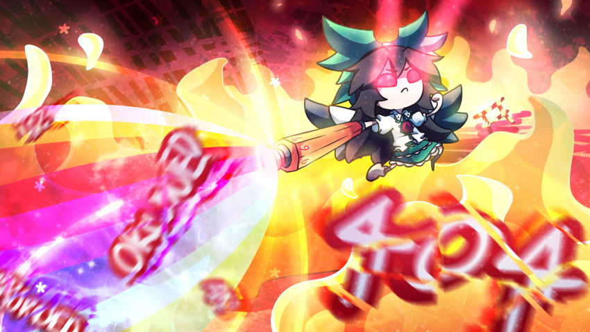 1girl, 404, arm_cannon, asymmetrical_legwear, black_hair, bow, cape, clenched_hand