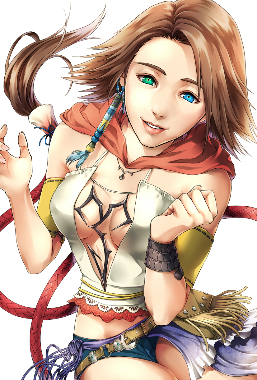 1girl, armband, belt, belt_pouch, blue_eyes, breasts, brown_hair, cleavage