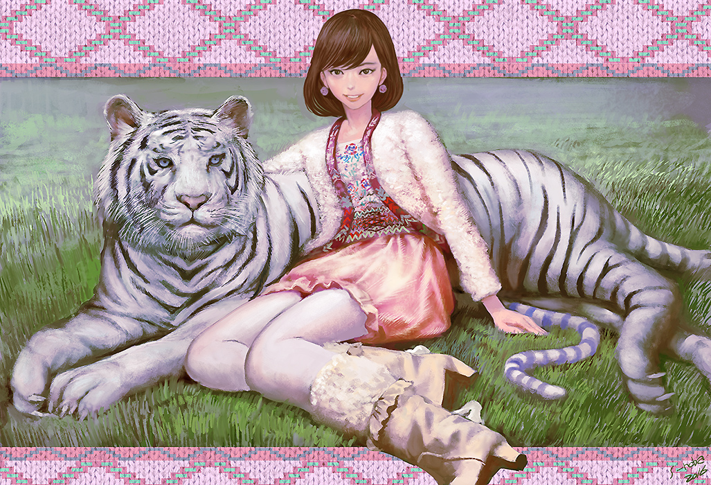 1girl, amu_(doubutsu_sentai_zyuohger), boots, brown_hair, commentary_request, doubutsu_sentai_zyuohger, earrings, female, jewelry, noba, shorts, solo, super_sentai, tail, tiger, tiger_tail