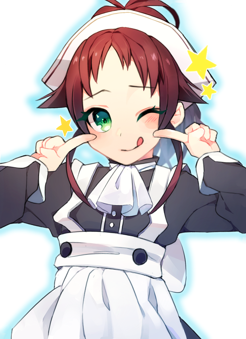 1girl, aisha_greyrat, apron, ascot, blush, green_eyes, headband, looking_at_viewer