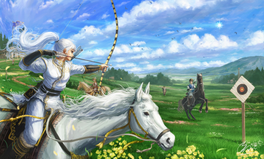 aiming, archery, arrow, bird, blurry, bow_(weapon), brown_hair, clouds