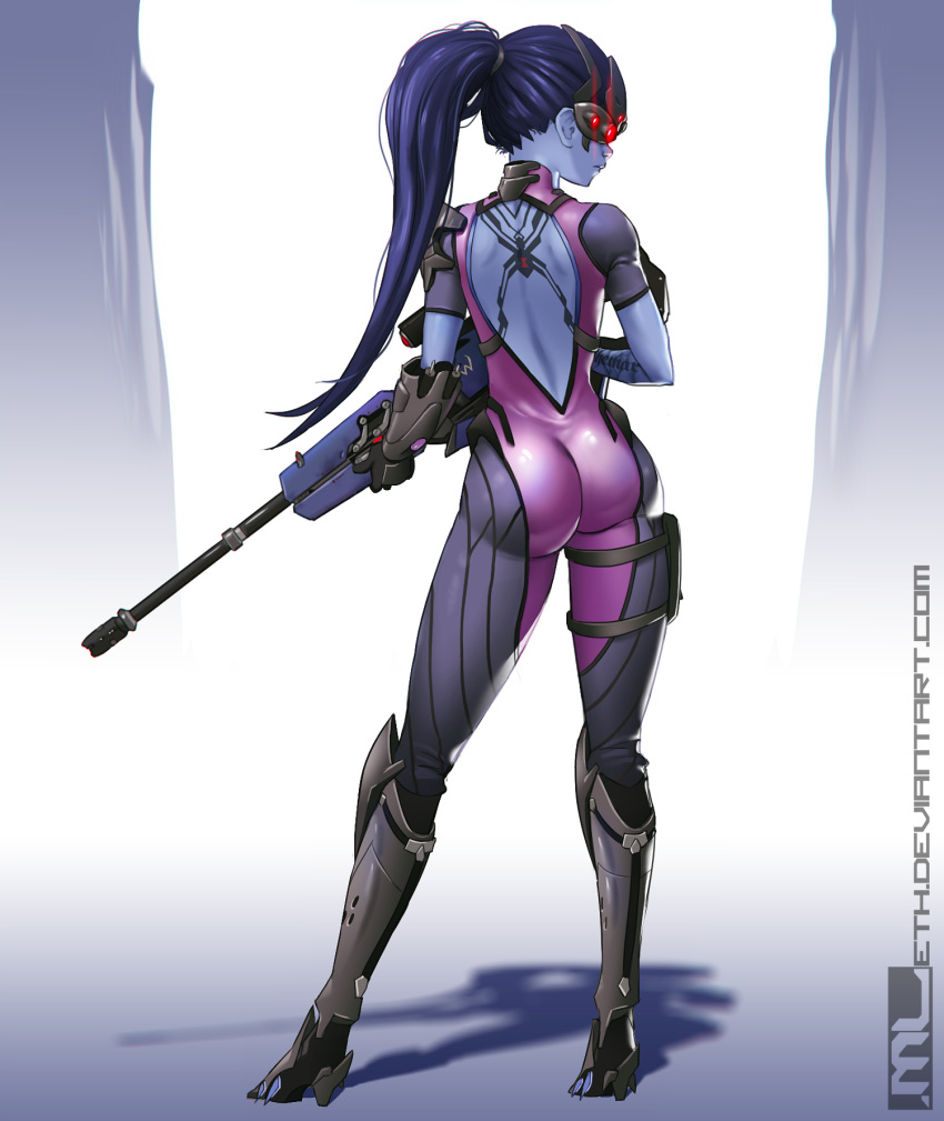 1girl, ass, back, body_writing, bodysuit, center_opening, contrapposto, from_behind, full_body, gauntlets, gloves, gun, helmet, highres, holding, holding_gun, holding_weapon, holster, long_hair, mleth, overwatch, ponytail, purple_hair, purple_skin, rifle, shadow, short_sleeves, skin_tight, sniper_rifle, solo, spider_print, tattoo, thigh_holster, thigh_strap, visor, watermark, weapon, web_address, widowmaker_(overwatch)