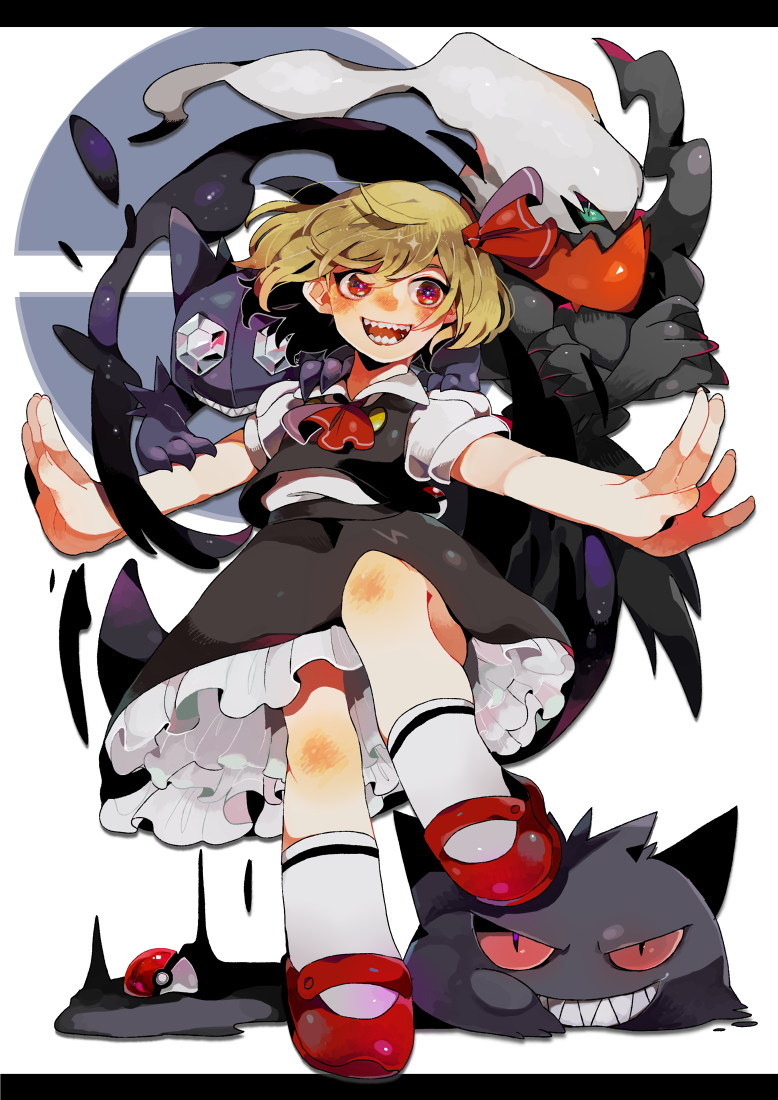 1girl, :d, aqua_eyes, ascot, blonde_hair, claws, crossed_arms, crossover