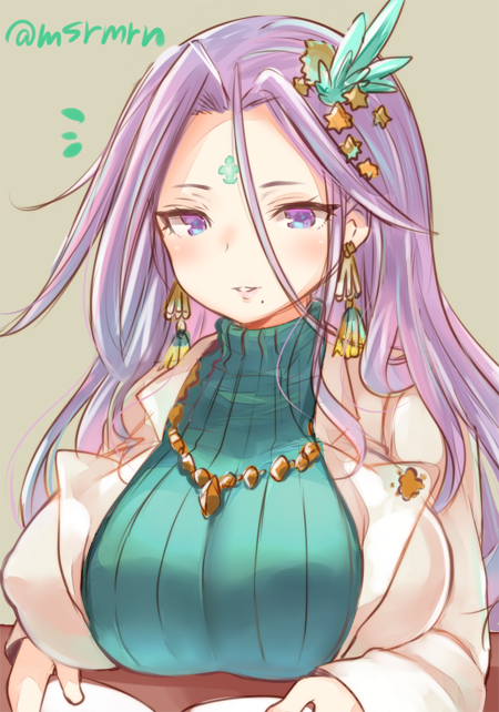 /\/\/\, 1girl, book, breasts, earrings, facial_mark, forehead_mark, hair_ornament, jewelry, kali_(p&amp;d), labcoat, large_breasts, long_hair, looking_at_viewer, marshmallow_mille, mole, mole_under_mouth, necklace, parted_lips, purple_hair, puzzle_&amp;_dragons, ribbed_sweater, solo, sweater, table, turtleneck, twitter_username, violet_eyes