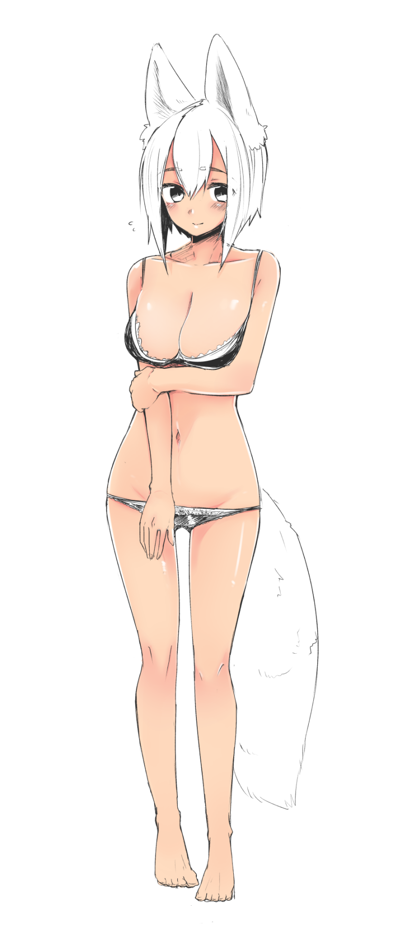 1girl, animal_ears, ariyoshi_gen, black_bra, black_panties, blush, bra, breasts