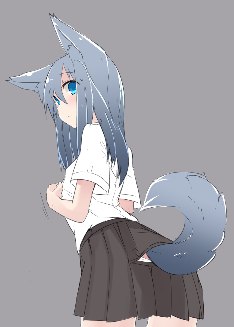 1girl, animal_ears, ariyoshi_gen, blue_eyes, blue_hair, fox_ears, fox_tail, grey_background