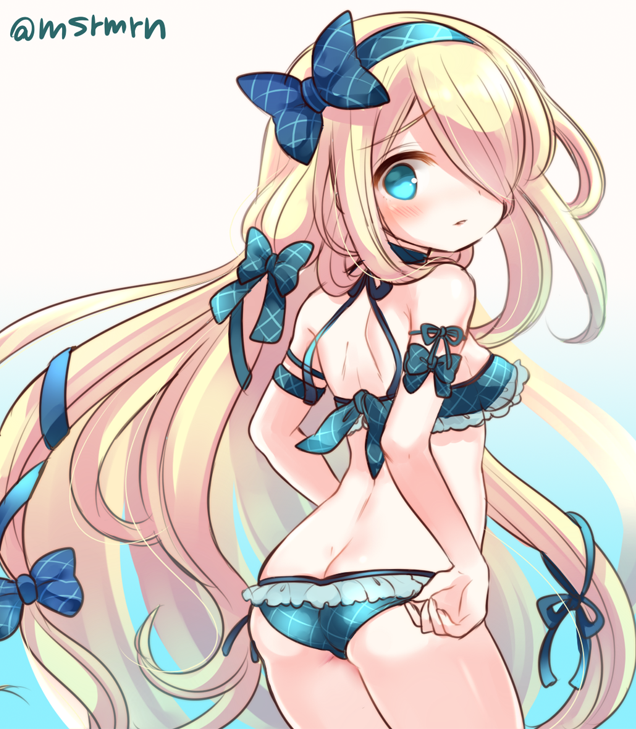 1girl, adjusting_clothes, adjusting_swimsuit, alternate_costume, armband, ass, back, bikini