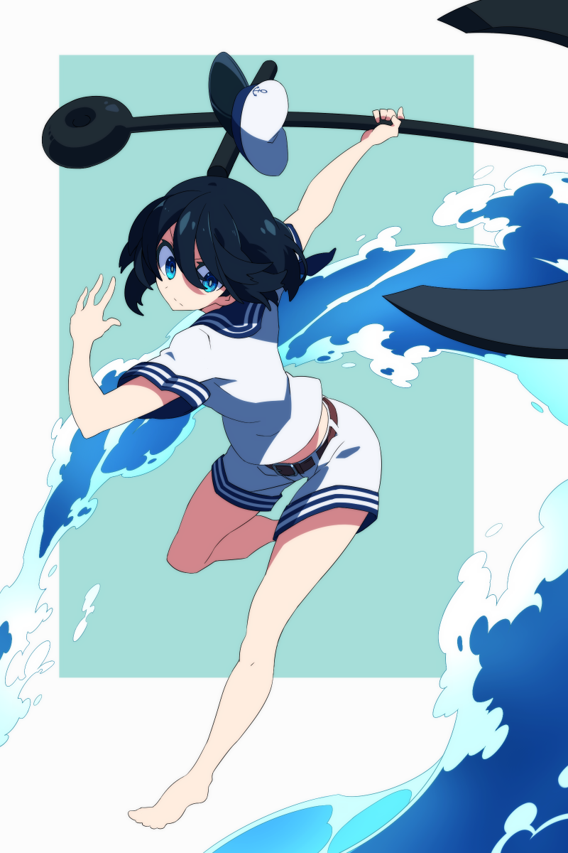 1girl, anchor, barefoot, belt, black_hair, blue_eyes, expressionless, full_body, hat, hat_removed, headwear_removed, highres, mikan_(mkn_0710), murasa_minamitsu, sailor, sailor_collar, sailor_hat, shirt, short_hair, shorts, solo, swinging, touhou, water, waves