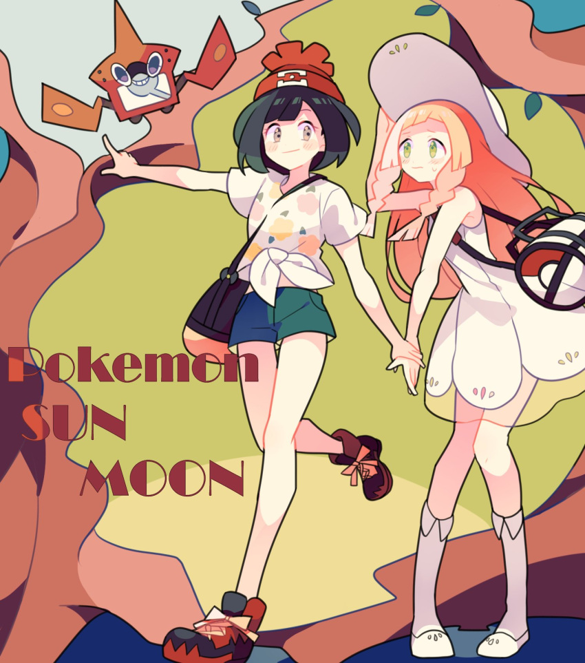 2girls, bag, black_hair, blonde_hair, braid, dress, duffel_bag, female_protagonist_(pokemon_sm)
