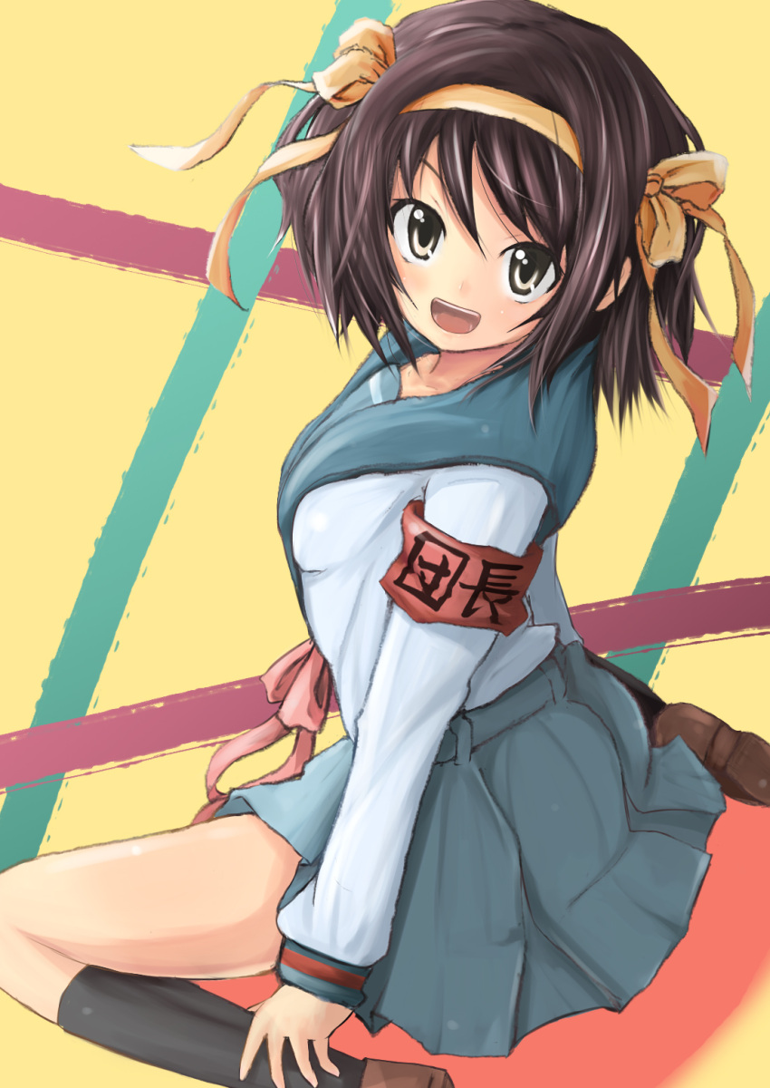 bad_id, brown_eyes, brown_hair, ebibaachan, face, hairband, highres, kneeling