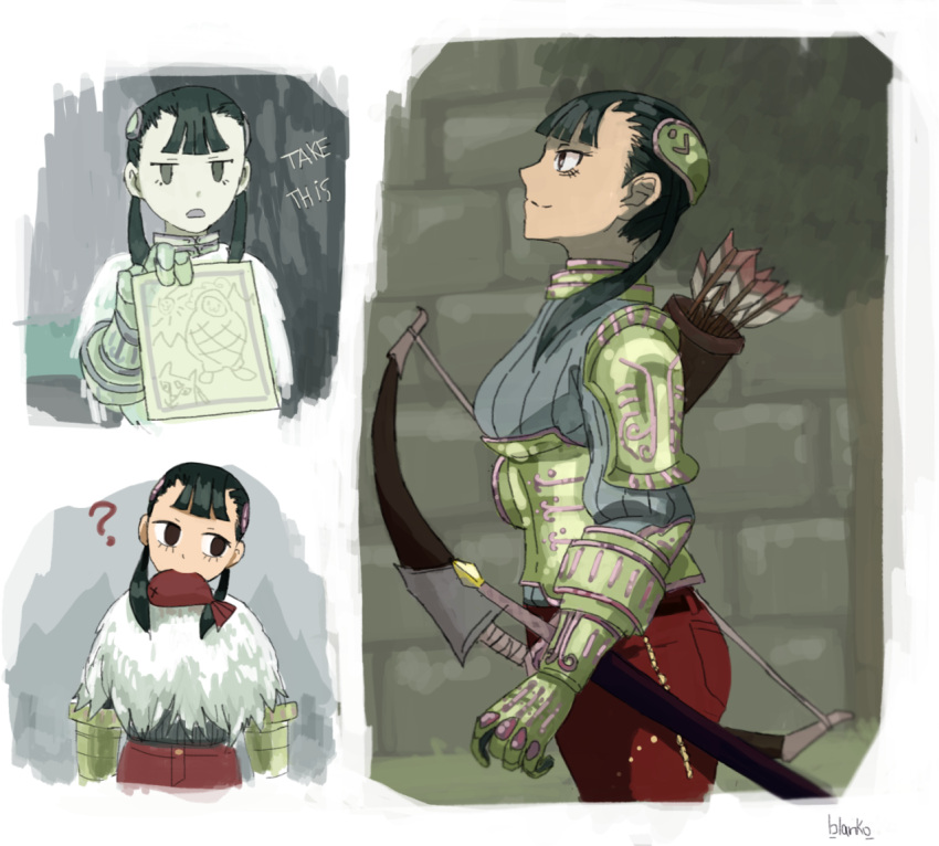 1girl, ?, armor, armored_collar, arrow, ashei, bangs, black_hair