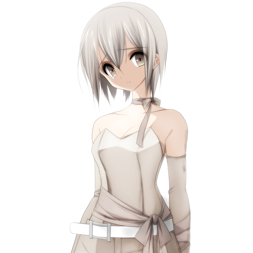 1girl, :o, arms_at_sides, bare_shoulders, beige_ribbon, belt, belt_buckle, breasts