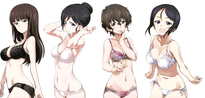 4girls, :d, akiyama_yoshiko, arms_up, black_bra, black_hair, black_panties, blue_eyes
