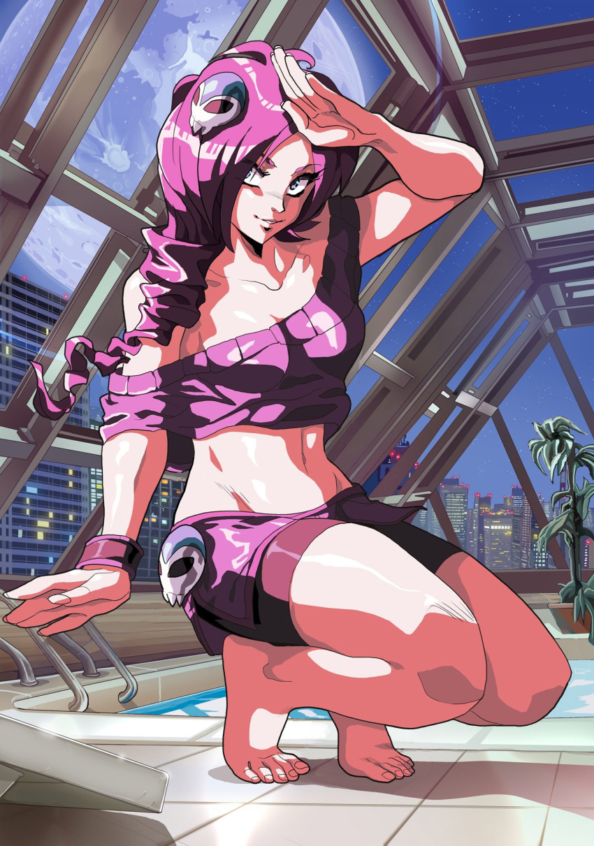 1girl, adapted_costume, bare_shoulders, barefoot, bike_shorts, blue_eyes, borrowed_character, commentary