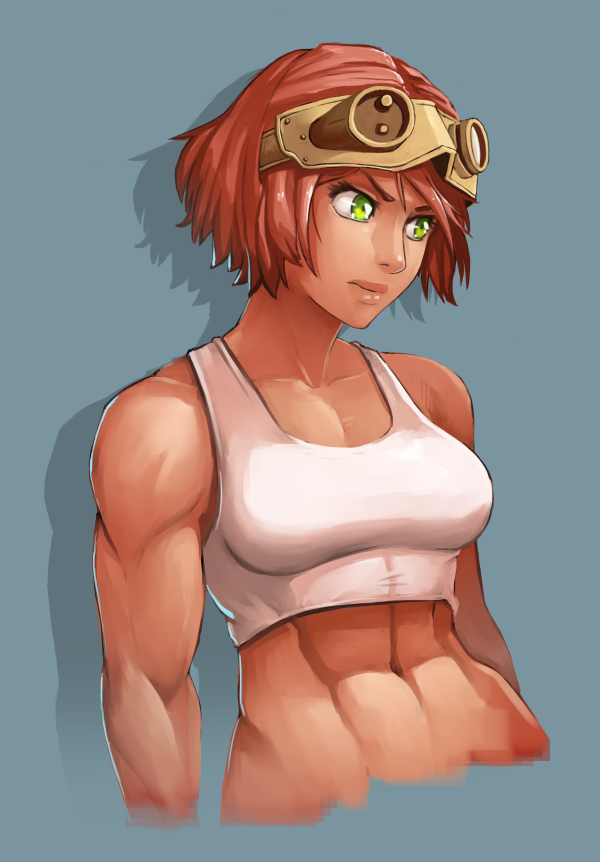 1girl, abs, bare_shoulders, blue_background, breasts, commentary, dark_skin, goggles
