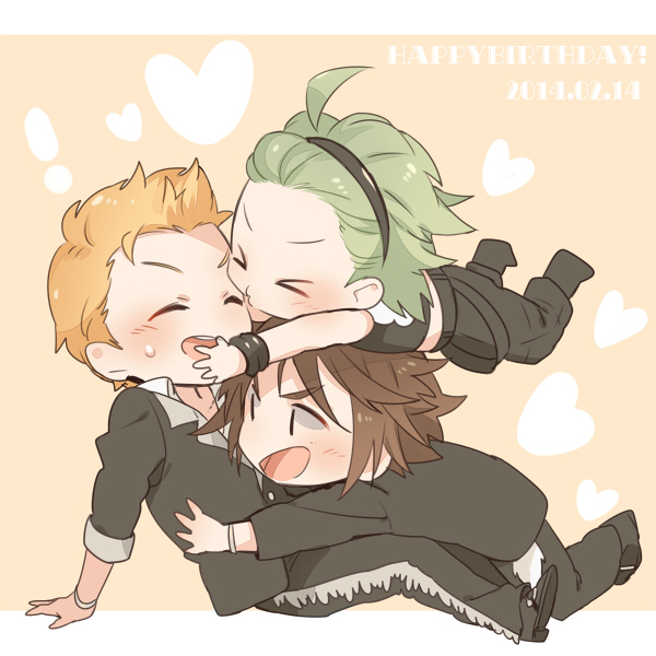 !, >_<, 2014, 3boys, ahoge, amagase_touma, arm_support, blonde_hair