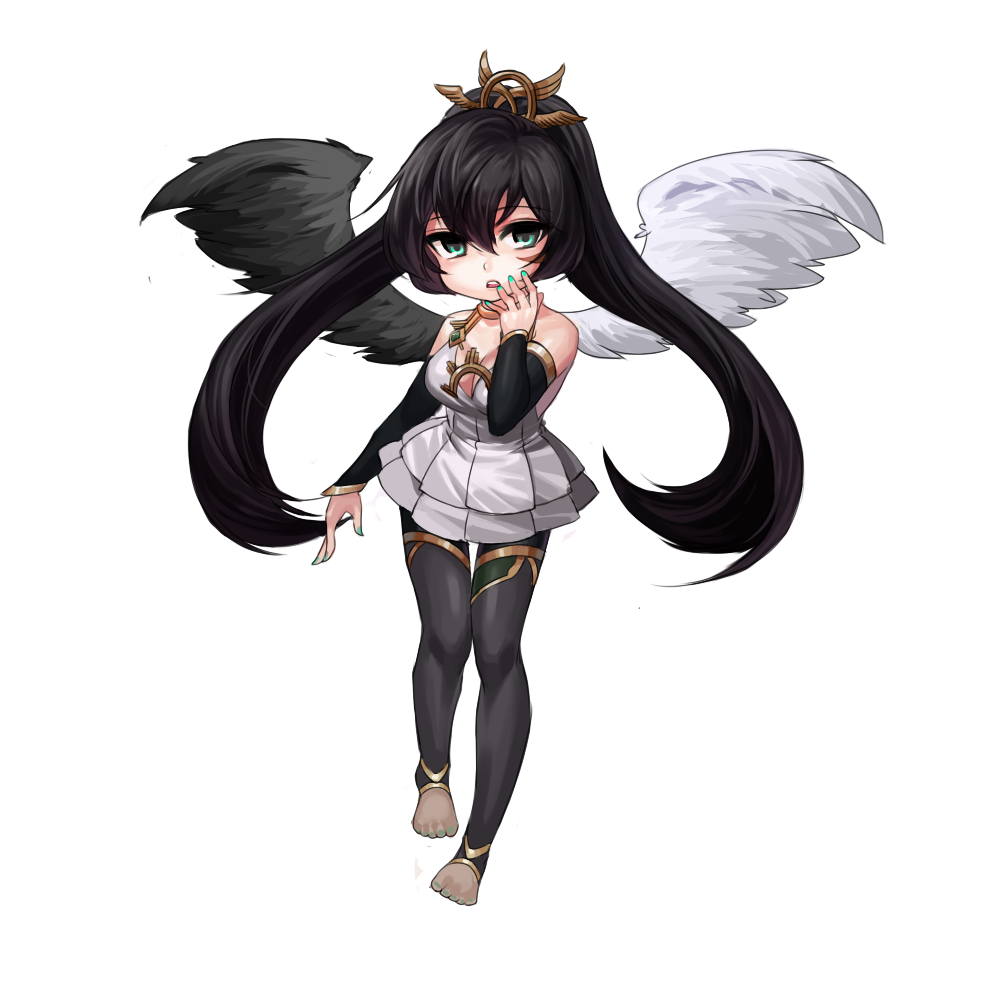 1girl, angel, bare_shoulders, black_hair, black_legwear, black_wings, breasts, chibi, cleavage, detached_sleeves, dress, full_body, green_eyes, green_nails, hair_between_eyes, hair_ornament, long_hair, looking_at_viewer, metatron_(soccer_spirits), multicolored_wings, nail_polish, nemori, open_mouth, pantyhose, ponytail, short_dress, soccer_spirits, solo, twintails, white_background, white_dress, white_wings, wings