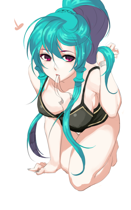 1girl, alternate_costume, arm_support, bare_shoulders, breasts, camisole, cleavage, collarbone, full_body, green_hair, hair_flip, hair_tubes, hanging_breasts, kneeling, leaning_forward, long_hair, looking_at_viewer, mouth_hold, nemori, ponytail, red_eyes, ribbon_in_mouth, sidelocks, sleeveless, soccer_spirits, solo, thigh_gap, uriel_(soccer_spirits), wristband