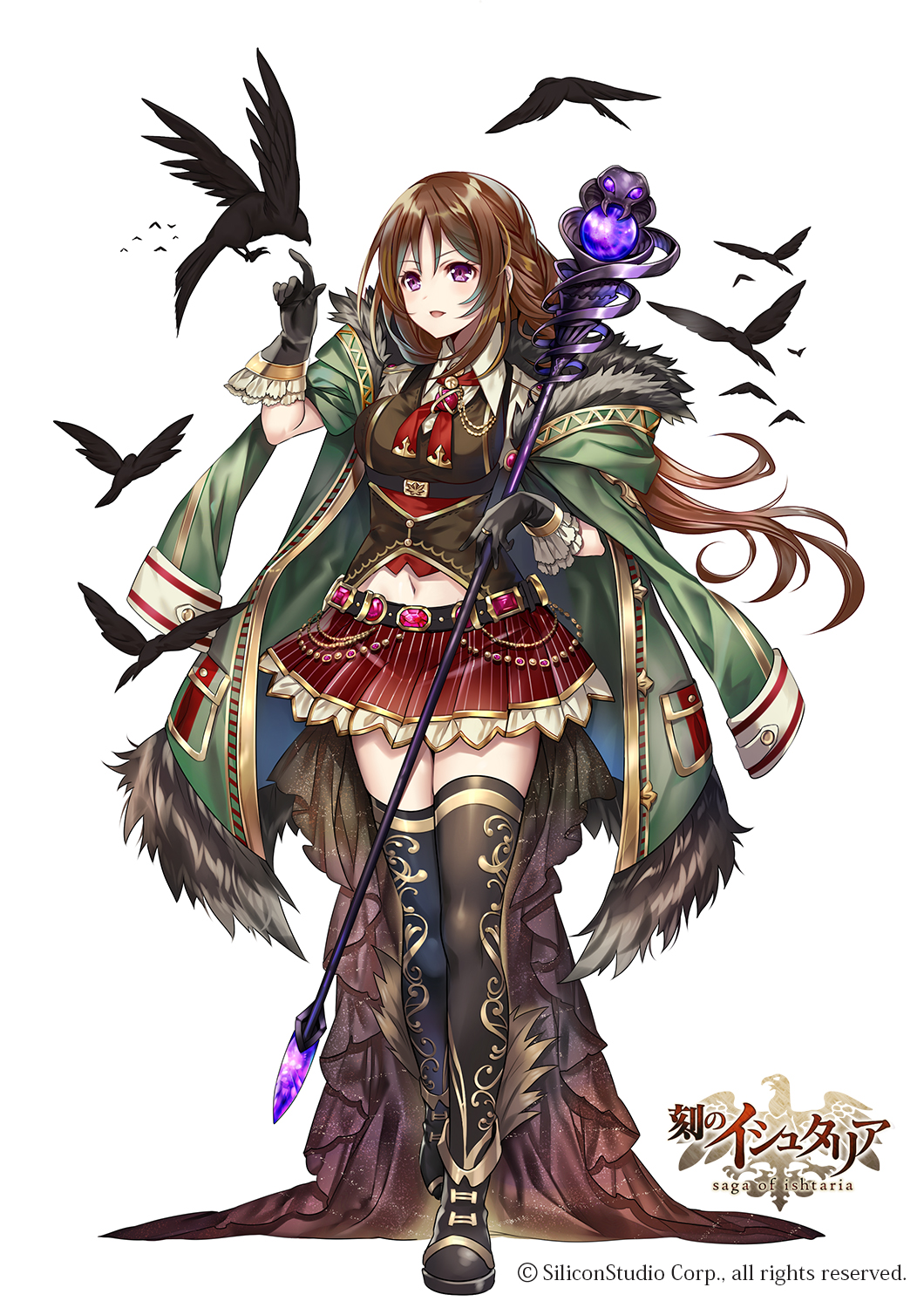 1girl, age_of_ishtaria, arm_up, bangs, belt, bird, black_gloves, black_legwear