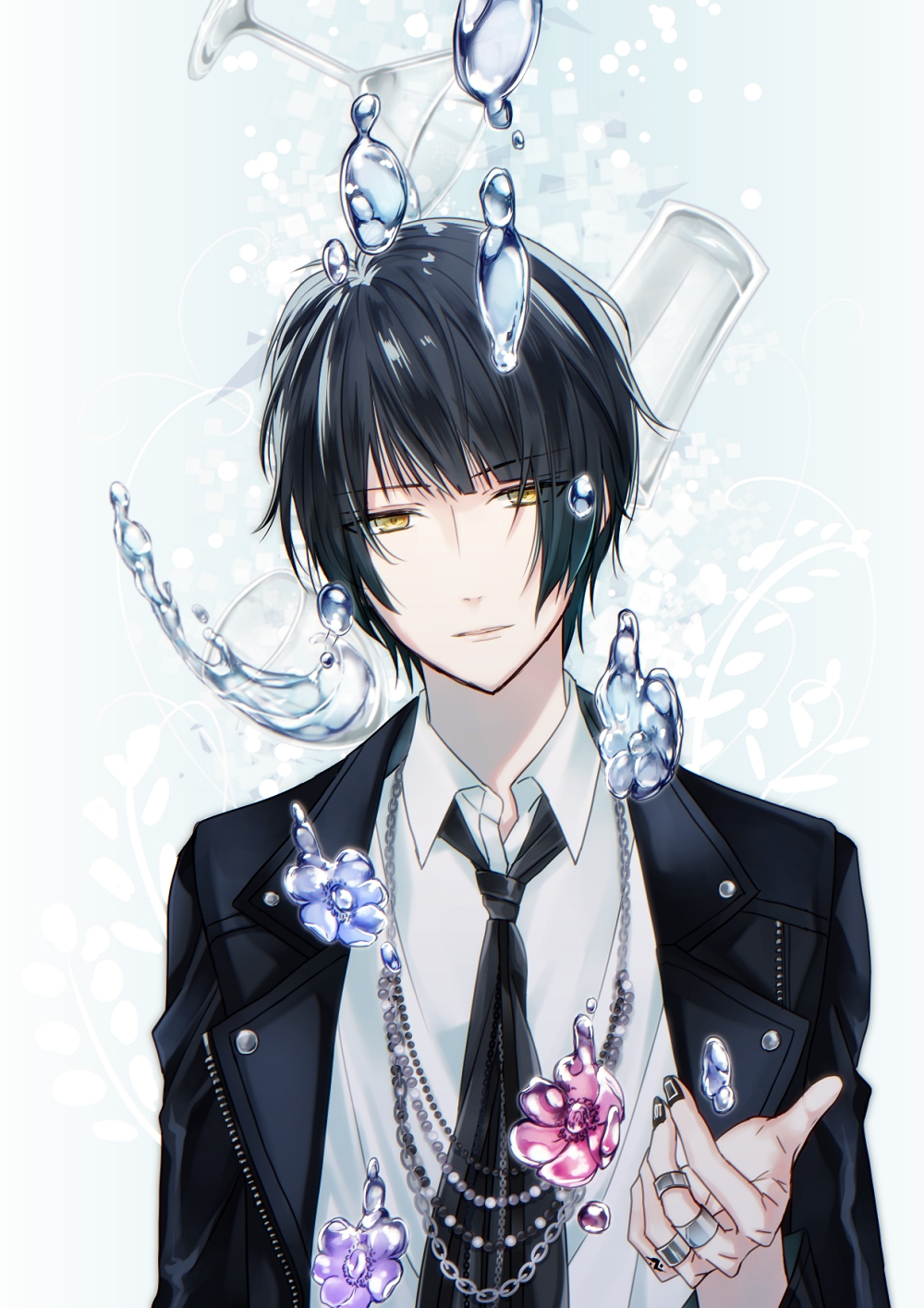 1boy, bangs, beads, black_jacket, black_nails, black_necktie, blue_flower, catching, chain, collared_shirt, crystal, cup, drinking_glass, eyebrows, eyebrows_visible_through_hair, floating_object, glass, hair_between_eyes, head_tilt, highres, jacket, jewelry, liquid_flower, looking_at_viewer, male_focus, nail_polish, necktie, niconico, parted_lips, patterned_background, pink_flower, purple_flower, ring, shade, shirt, solo, tattoo, underwear, unzipped, uutan, valshe, water, white_shirt, wine_glass, yellow_eyes