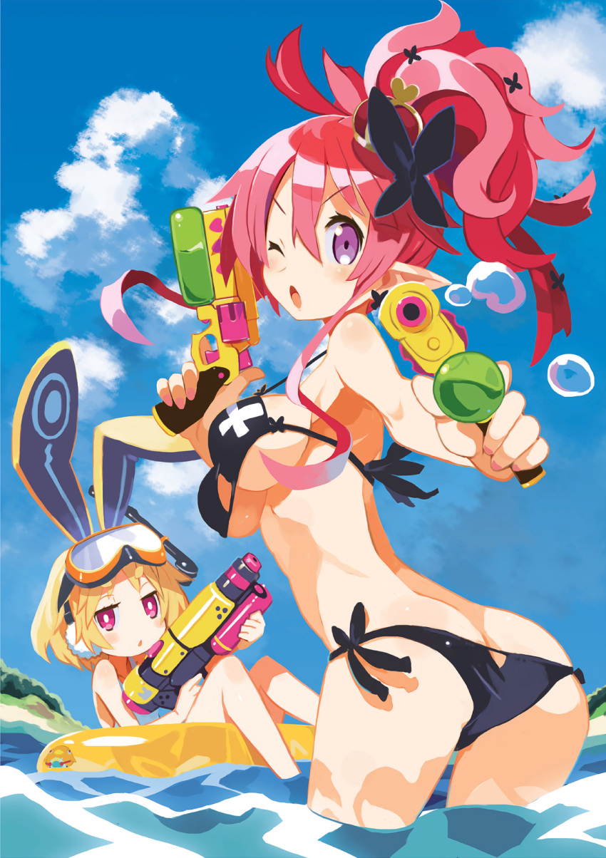 2girls, ;o, animal_ears, arched_back, ass, bikini, black_bikini, blonde_hair, blue_sky, breasts, butt_crack, butterfly_hair_ornament, crown, disgaea, dual_wielding, earmuffs, earrings, from_behind, goggles, goggles_on_head, hair_between_eyes, hair_ornament, harada_takehito, highres, innertube, jewelry, jitome, leaning_forward, looking_back, makai_senki_disgaea_5, mini_crown, multiple_girls, nail_polish, one-piece_swimsuit, one_eye_closed, outdoors, partially_submerged, pink_eyes, pink_hair, pink_nails, pointy_ears, rabbit_ears, scan, seraphina_(disgaea), short_hair, side-tie_bikini, sideboob, sidelocks, sky, snorkel, soaking_feet, strap_gap, string_bikini, swimsuit, under_boob, usalia_(disgaea), violet_eyes, wading, water_gun, white_swimsuit