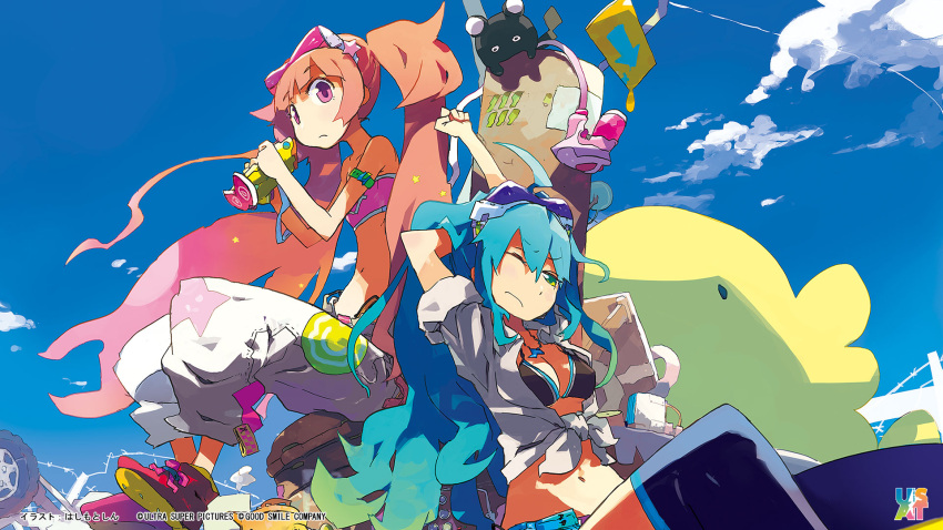 2girls, aqua_hair, artist_name, bikini, blue_hair, blue_sky, company_name, end_card