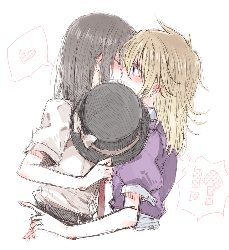 !?, 2girls, black_hair, blonde_hair, blush, closed_eyes, hat, hat_removed