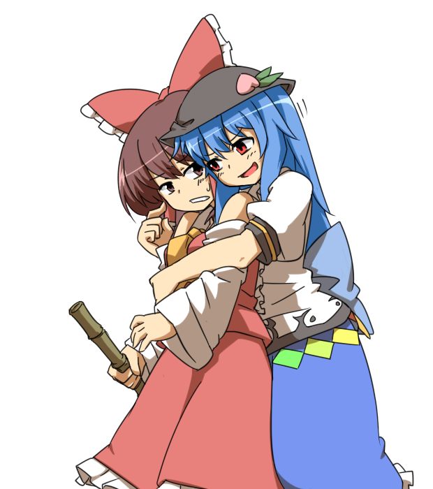 2girls, ascot, bamboo_broom, bow, broom, brown_eyes, brown_hair, cheek_poking