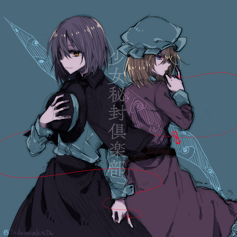 2girls, back-to-back, black_hair, blonde_hair, blue_eyes, dress, gap, hat
