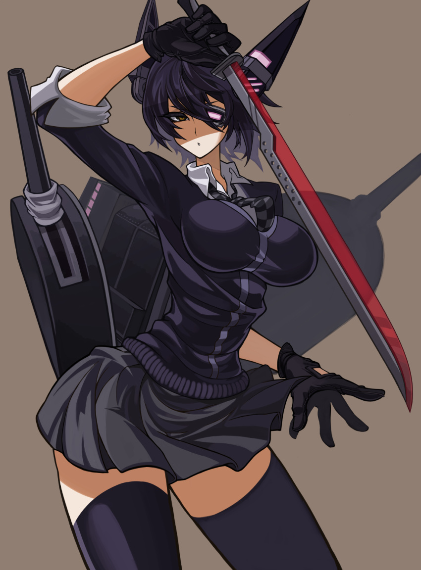 1girl, beige_background, breasts, checkered, checkered_necktie, eyepatch, gloves, headgear, highres, holding, holding_weapon, kantai_collection, large_breasts, mecha_musume, necktie, pokiiru, purple_hair, school_uniform, short_hair, short_sleeves, simple_background, solo, standing, sword, tenryuu_(kantai_collection), thigh-highs, weapon, yellow_eyes