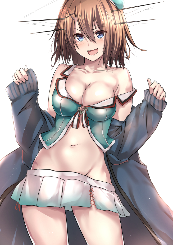 1girl, :d, bare_shoulders, beret, black_jacket, blue_eyes, blush, breasts