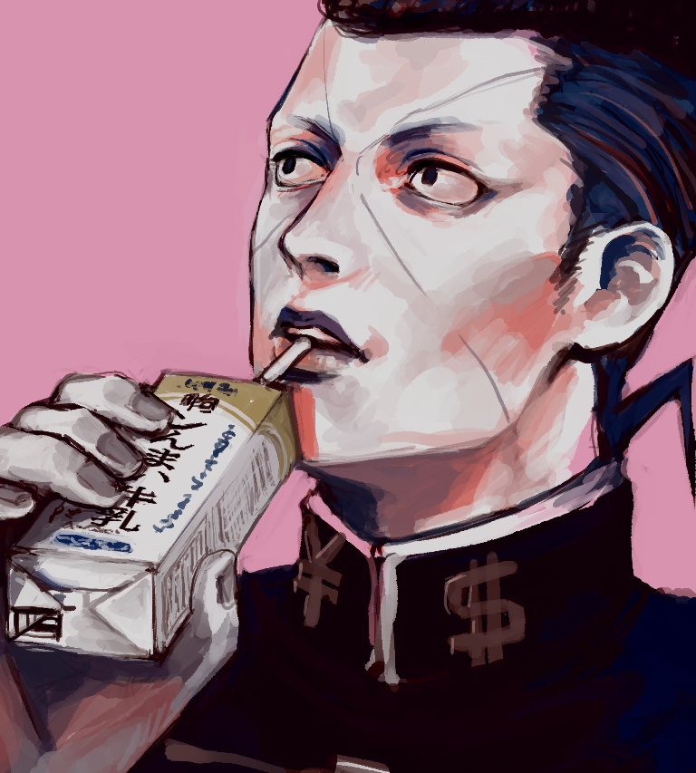 1boy, black_eyes, black_hair, dollar_sign, drinking_straw, facial_mark, gakuran, jojo_no_kimyou_na_bouken