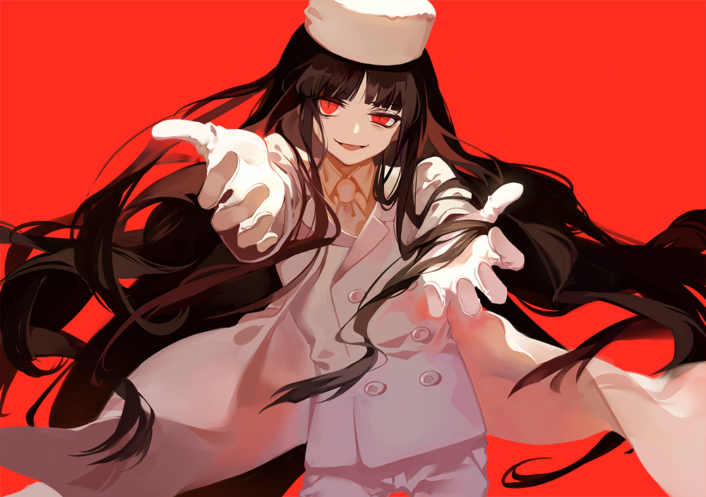 1girl, bangs, black_hair, dhiea, formal, fur_hat, girlycard, gloves