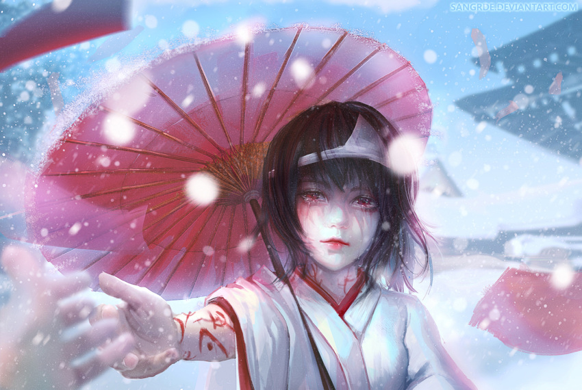 1girl, artist_name, black_hair, blurry, building, closed_mouth, crying, crying_with_eyes_open